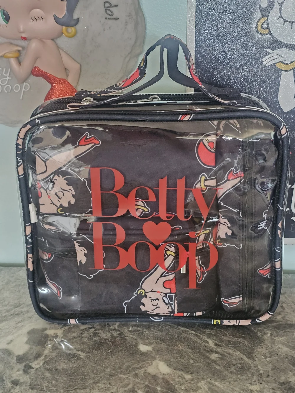 NWT Betty Boop 4pc Cosmetic Bag Set Clear Travel Case Pinup Leg